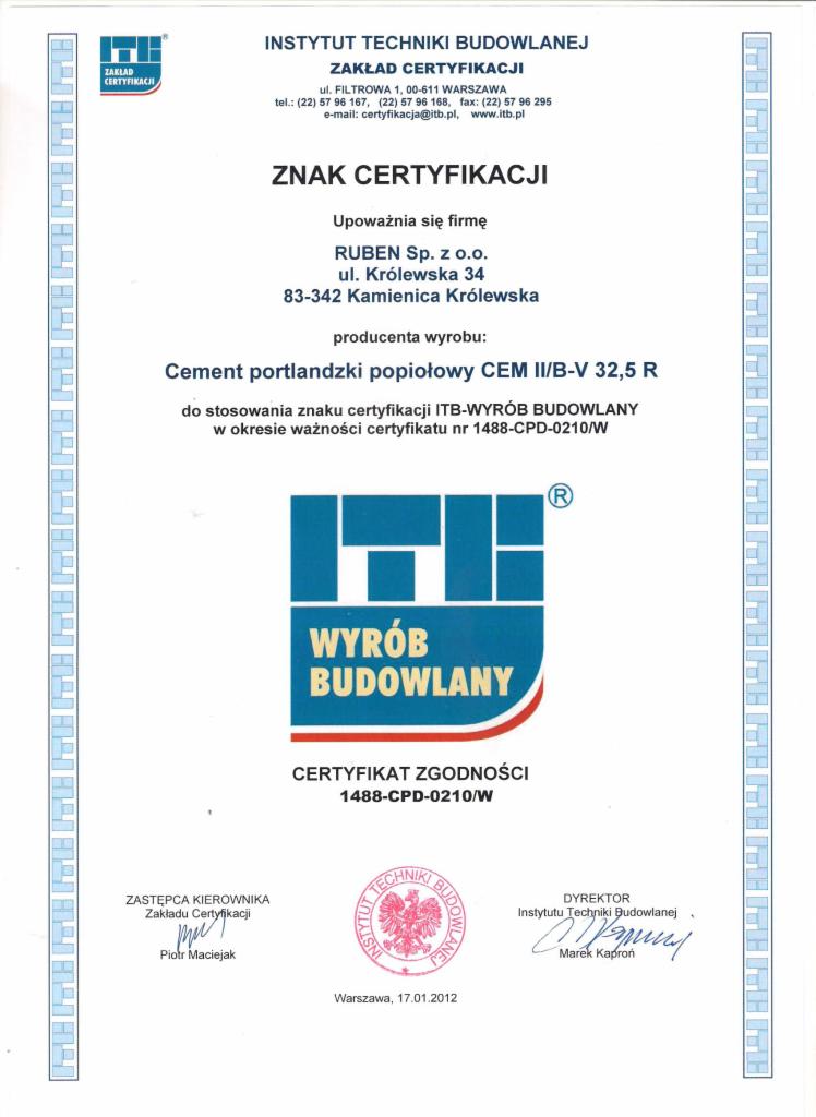 Skan certyfikatu zgodności ITB dla cementu portlandzkiego popiołowego CEM II/B-V 32,5 R, wydany dla firmy RUBEN Sp. z o.o., zawierający logo ITB i podpisy kierownika i dyrektora.