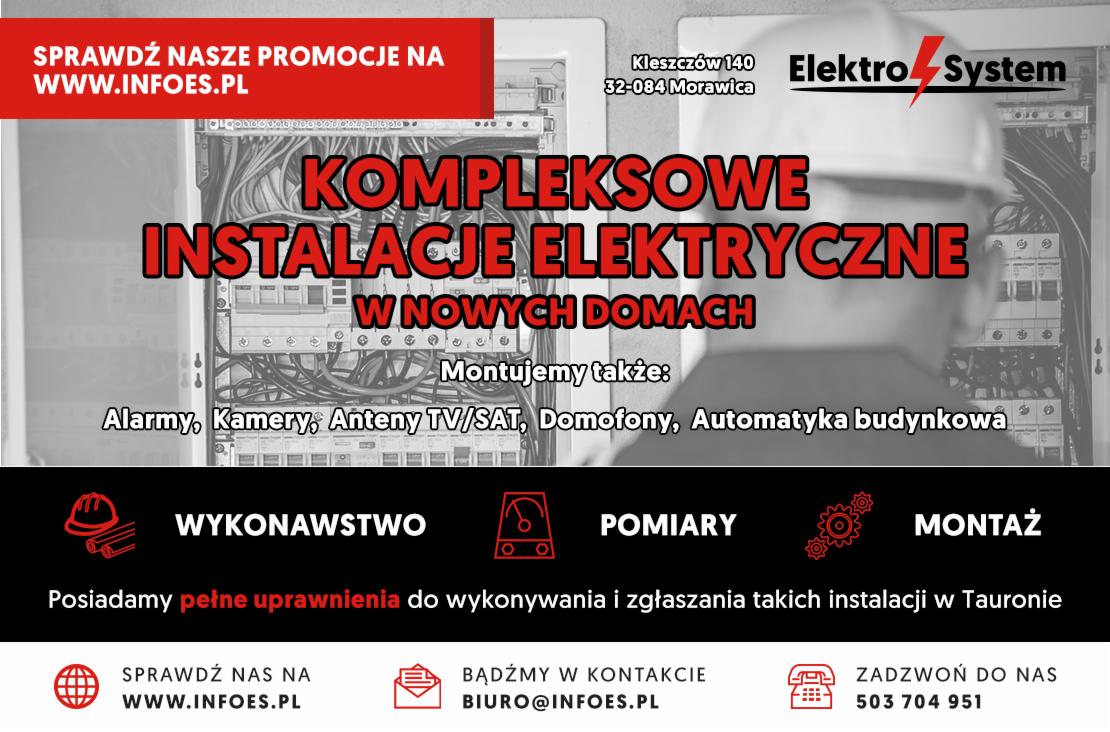Grafika reklamowa firmy Elektro System prezentująca kompleksowe instalacje elektryczne w nowych domach, z widoczną rozdzielnicą elektryczną w tle, informacją o montażu alarmów, kamer, anten TV/SAT,...