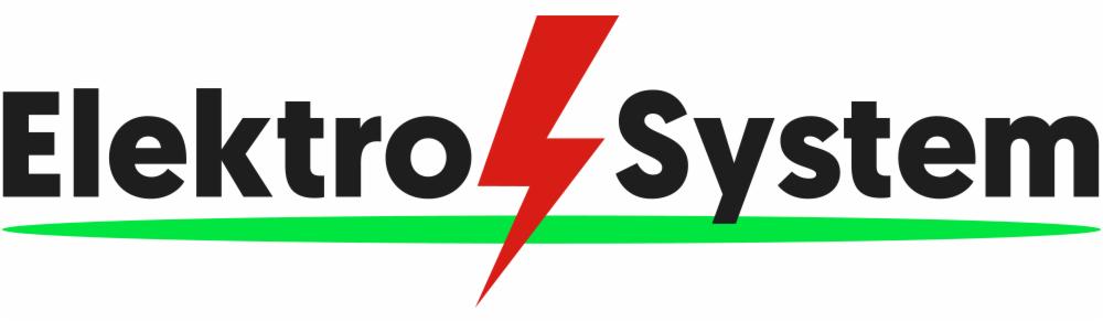 Logo firmy Elektro System z czarnym napisem, czerwoną błyskawicą i zieloną linią pod spodem.