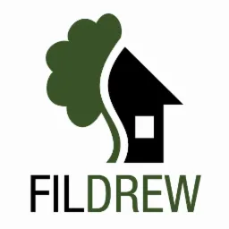 Logo firmy budowlanej: Stylizowany dom w czerni, połączony z zielonym drzewem. Nazwa firmy 'FILDREW' w kolorach czerni i zieleni pod grafiką.
