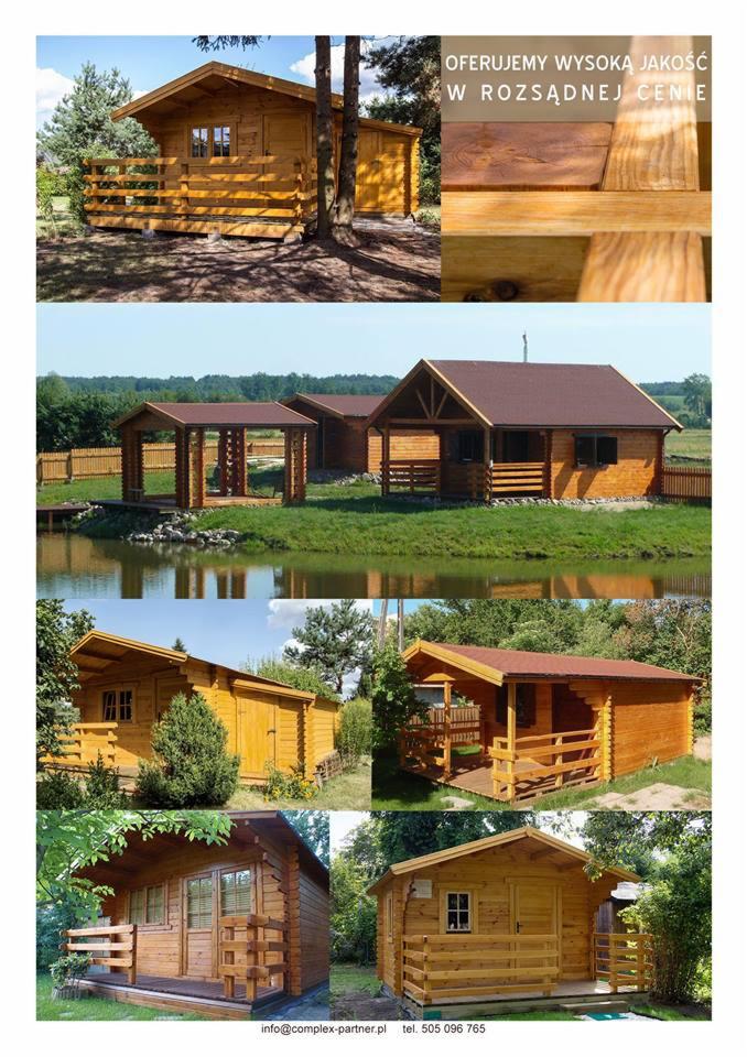 Kompozycja zdjęć przedstawiających różne drewniane domki letniskowe, altany i elementy wykończeniowe z drewna, ukazujące ich naturalny kolor i strukturę.