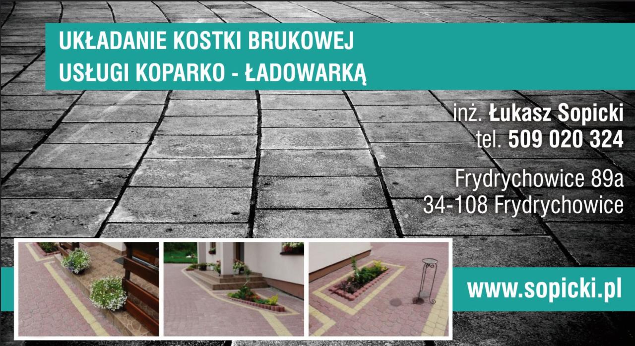 Grafika reklamowa firmy brukarskiej: zbliżenie na szare płyty chodnikowe, kontakt do inżyniera Łukasza Sopickiego i adres Frydrychowice 89a, 34-108 Frydrychowice oraz przykłady realizacji: ścieżka...