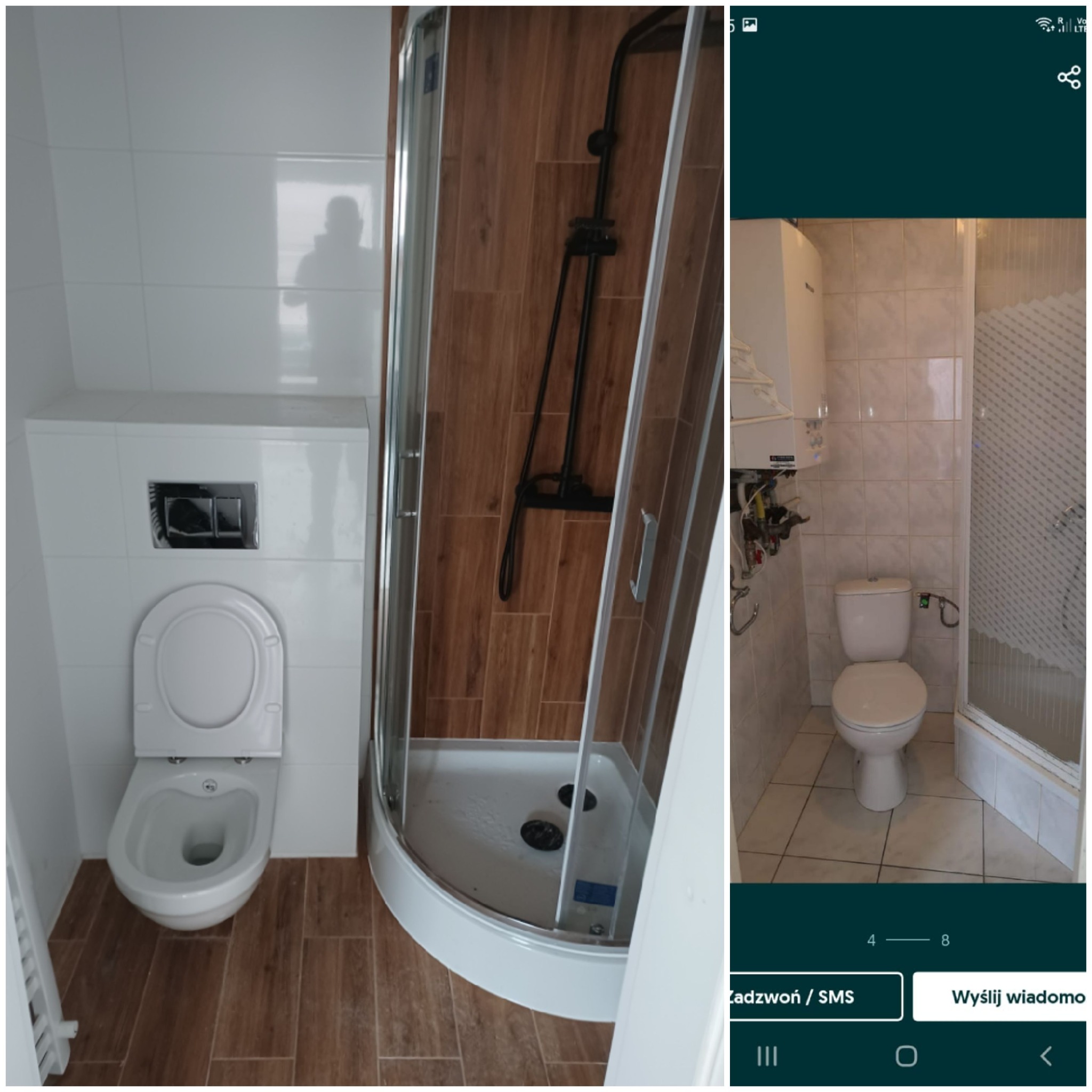 Biała miska WC z podtynkową spłuczką i chromowanymi przyciskami, kabina prysznicowa z czarną armaturą na tle imitacji drewnianych paneli, oraz toaleta z kotłem gazowym w tle.