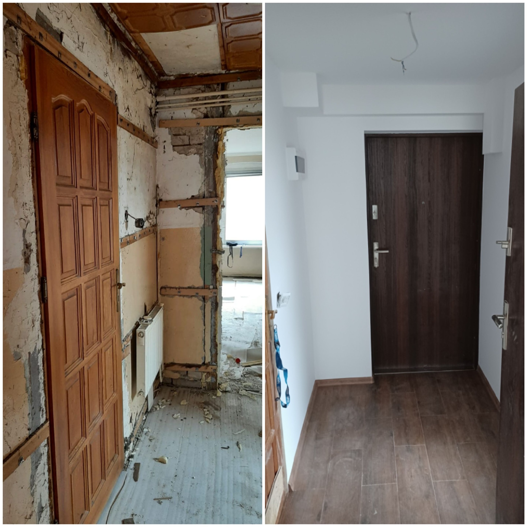 Porównanie stanu korytarza przed i po pracach: z lewej ściany z odsłoniętą cegłą i instalacjami, stara stolarka, z prawej gładkie, białe ściany, nowe panele podłogowe i drzwi.