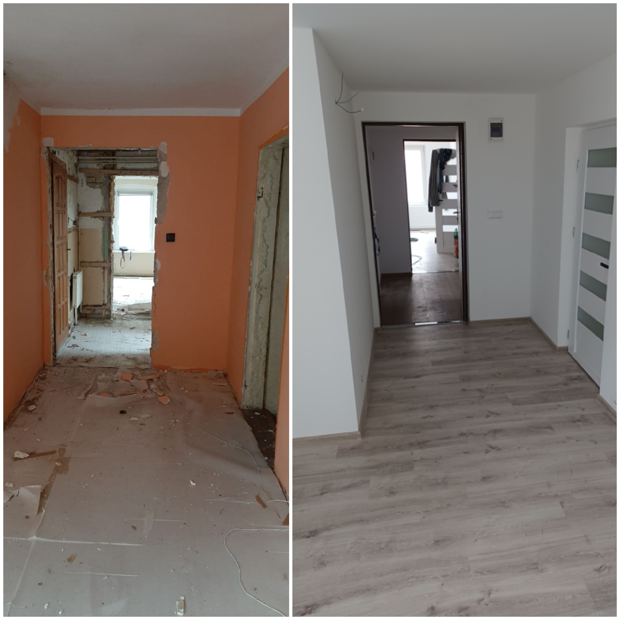 Porównanie stanu mieszkania przed i po remoncie: widok na pokój z usuniętymi ścianami i gruzem oraz ten sam pokój z nowymi panelami podłogowymi, świeżo pomalowanymi ścianami i nowymi drzwiami.