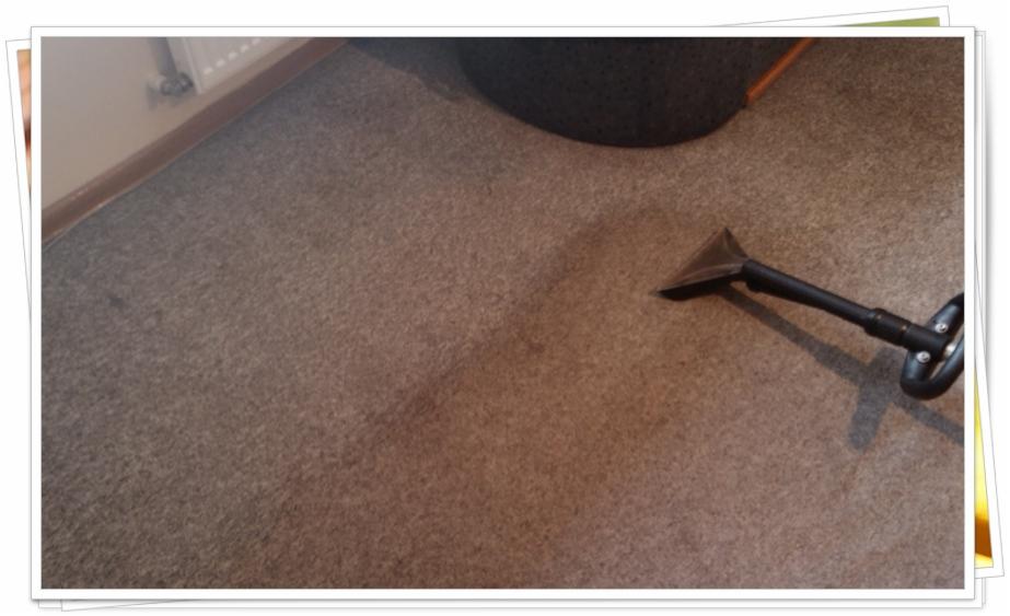 Czyszczenie brudnej, szarej wykładziny dywanowej za pomocą profesjonalnego odkurzacza piorącego z widoczną końcówką i śladami po czyszczeniu.