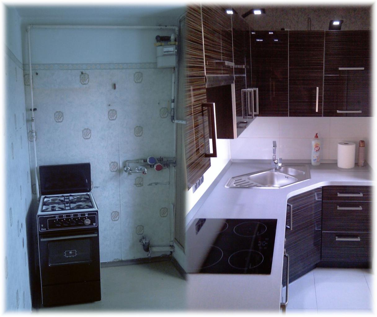 Kolaż przedstawiający kuchnię przed i po remoncie: stara kuchenka gazowa na tle ściany z wzorzystą tapetą i rurami gazowymi, oraz nowoczesna zabudowa kuchenna z ciemnego drewna z płytą indukcyjną...