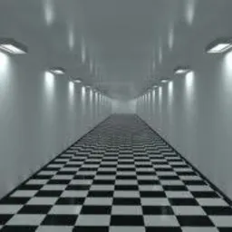 Długi korytarz z podłogą wyłożoną czarno-białą szachownicą z płytek ceramicznych, oświetlony rzędami lamp na ścianach, perspektywa zbieżna w oddali.