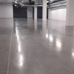 Wypolerowana, gładka posadzka przemysłowa w hali magazynowej z widocznymi dylatacjami, rurami wentylacyjnymi pod sufitem i białymi, kwadratowymi kolumnami.