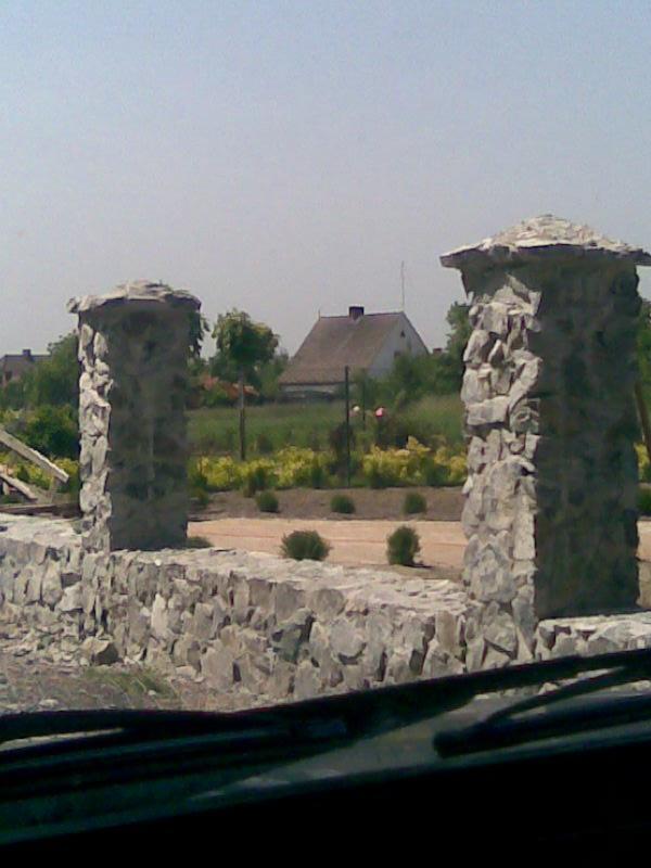 Kamienne słupki ogrodzeniowe z niskim murem, widoczne zza szyby samochodu, w tle dom i zieleń.