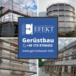 Kolaż czterech zdjęć rusztowań przy budynkach i zbiorniku, z logo firmy 'Rusztowania Efekt Rakowski' pośrodku. Różne typy budynków i konstrukcji.