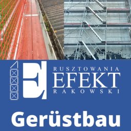 Rusztowania EFEKT Rakowski sp.z.o.o - Skomplikowana konstrukcja rusztowania na tle ściany budynku, widok z dołu. Dodatkowo fragment dachu z zabezpieczeniami i logo firmy na dole.