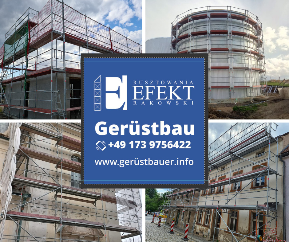 Kolaż czterech zdjęć rusztowań przy budynkach i zbiorniku, z logo firmy 'Rusztowania Efekt Rakowski' pośrodku. Różne typy budynków i konstrukcji.