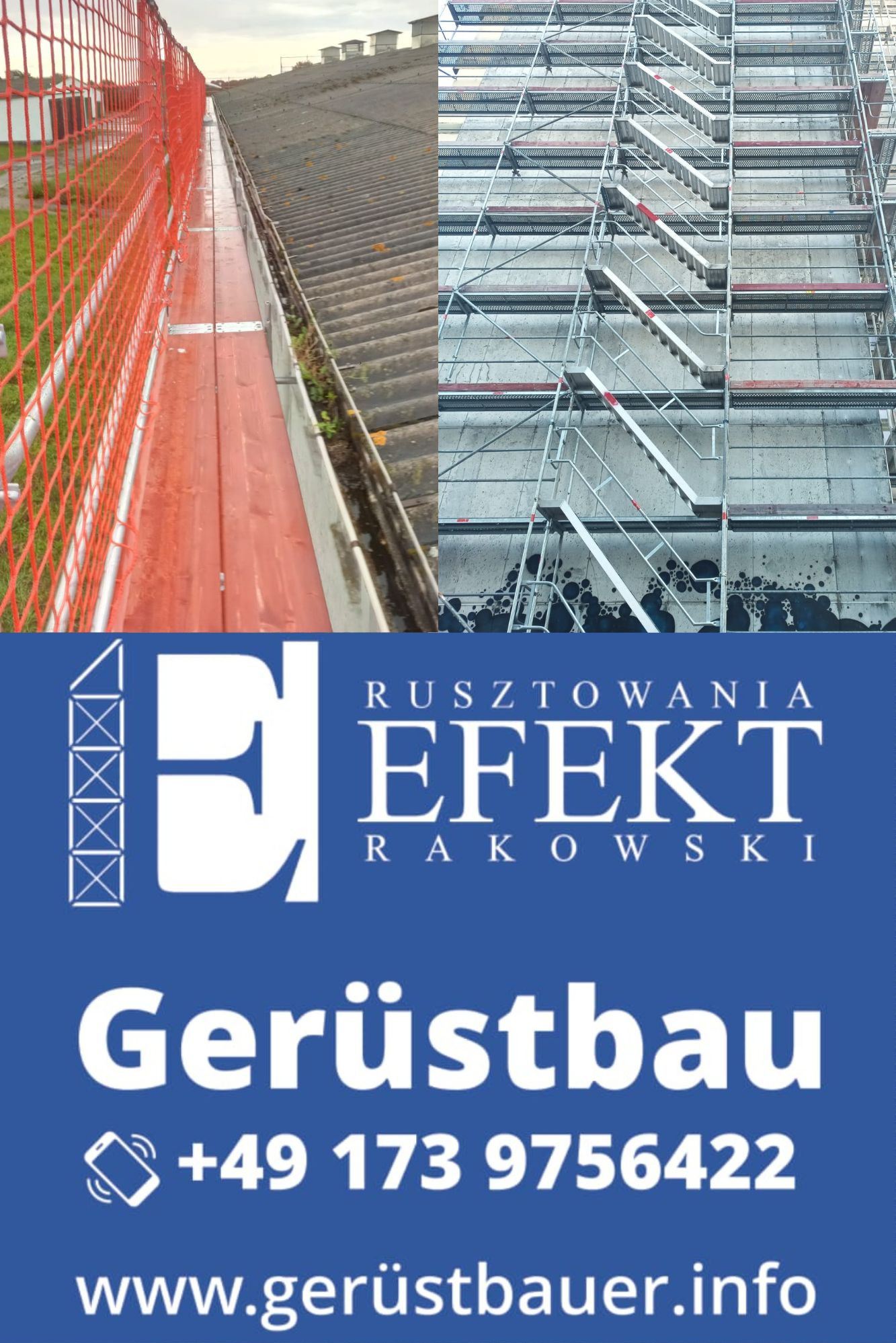 Skomplikowana konstrukcja rusztowania na tle ściany budynku, widok z dołu. Dodatkowo fragment dachu z zabezpieczeniami i logo firmy na dole.