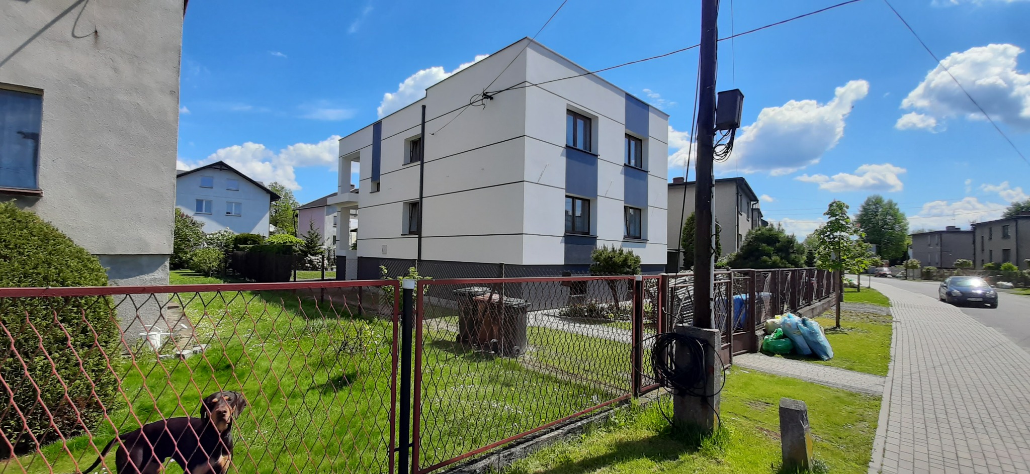Nowoczesny budynek wielorodzinny z białą elewacją i grafitowymi akcentami, widoczny zza czerwonej siatki ogrodzeniowej, z psem rasy doberman w lewym dolnym rogu