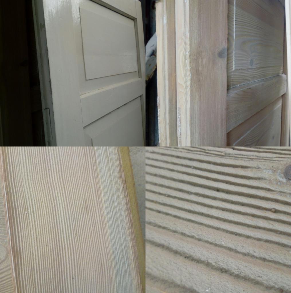 Drewniane elementy: odnowione drzwi z pomalowanymi panelami, surowe deski i fragmenty z wyżłobieniami, ukazujące strukturę drewna.