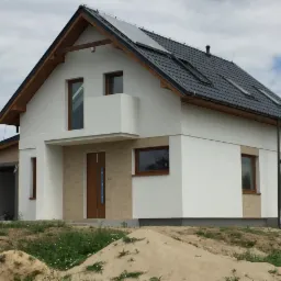 Nowoczesny dom jednorodzinny z dachem pokrytym ciemną dachówką, panelami słonecznymi i oknami połaciowymi, z balkonem i fragmentem garażu, wykończony w bieli i beżu, na tle pochmurnego nieba.