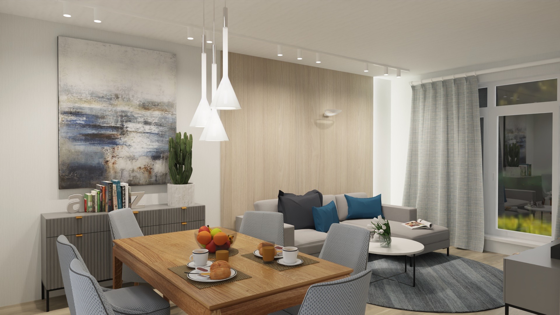 Wizualizacja salonu z jadalnią: drewniany stół z nakryciem, szare krzesła, sofa z poduszkami, abstrakcyjny obraz na ścianie, oświetlenie punktowe i wiszące lampy.
