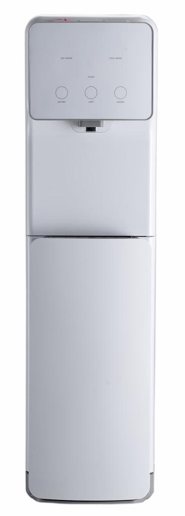 Nowoczesny, wolnostojący dystrybutor wody w kolorze białym z panelem dotykowym do wyboru temperatury wody (zimna, gorąca).