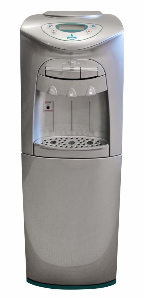 Srebrny dystrybutor wody pitnej z trzema przyciskami dozowania i wyświetlaczem LCD, z widocznym logo producenta.