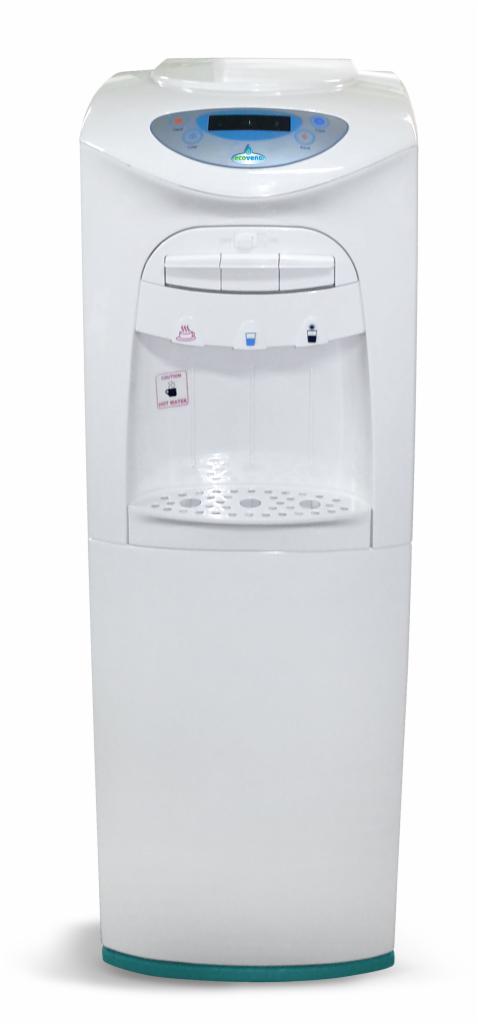 Nowoczesny, biały dystrybutor wody z trzema kranami, oznaczonymi ikonami gorącej, zimnej i temperatury pokojowej, z logo producenta 'ecovend' na panelu sterowania.