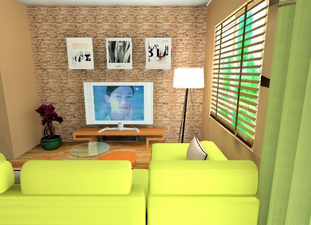 Wizualizacja 3D pokoju dziennego z jasnozielonym narożnikiem, telewizorem z ekranem przedstawiającym twarz kobiety, ścianą z fakturą kamienia, trzema obrazami i lampą podłogową.