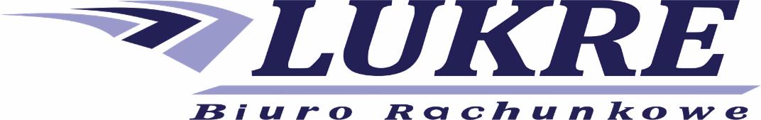 Logo firmy z Zabrza oferującej usługi finansowe, z nazwą 'LUKRE' zapisaną dużymi, granatowymi literami i podtytułem 'Biuro Rachunkowe' w kolorze fioletowym.