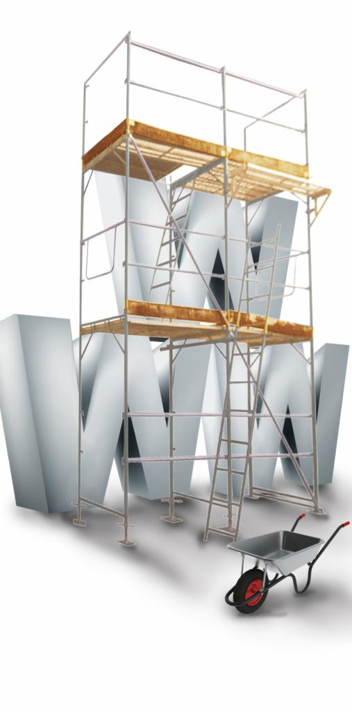 Trzy duże litery W w trakcie budowy lub renowacji, otoczone rusztowaniem i z taczką na dole, sugerujące prace nad identyfikacją wizualną lub tworzeniem strony internetowej.