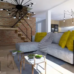 Wizualizacja salonu z ceglaną ścianą, szarą sofą z żółtymi poduszkami, stolikami kawowymi z roślinami i schodami z czarną balustradą pod industrialną lampą.