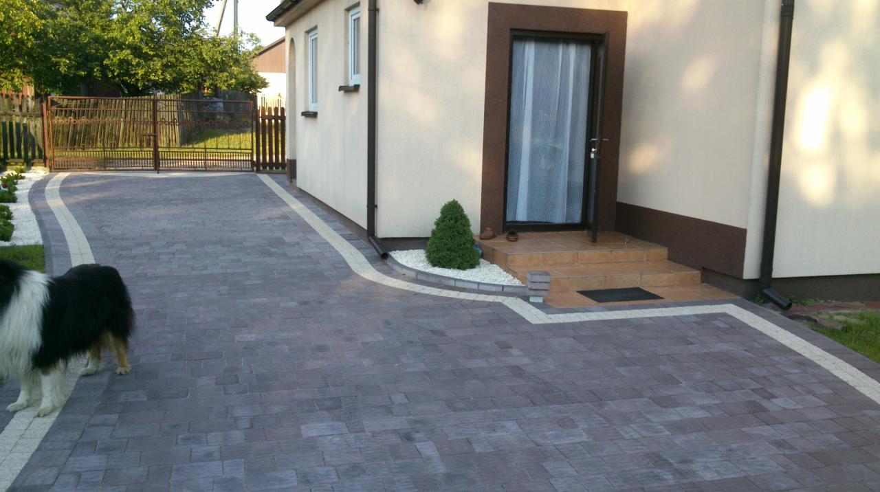 Ułożona kostka brukowa w ciemnych odcieniach z jasnymi obrzeżami prowadząca do domu z zielonym krzewem i ogrodzeniem w tle. Fragment psa w lewym dolnym rogu.