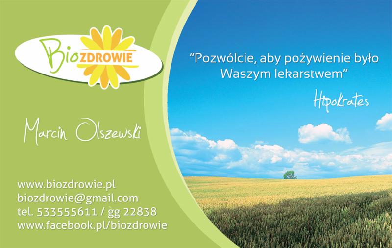 Projekt wizytówki firmy BioZDROWIE z logo, danymi kontaktowymi i cytatem Hipokratesa na tle krajobrazu pola i nieba.