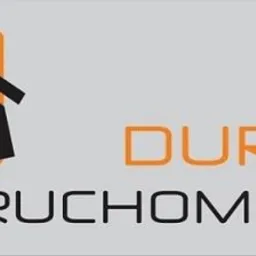 Logo firmy DURAS Nieruchomości z pomarańczowym kwadratem i czarnym symbolem domu.
