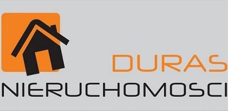 Logo firmy DURAS Nieruchomości z pomarańczowym kwadratem i czarnym symbolem domu.