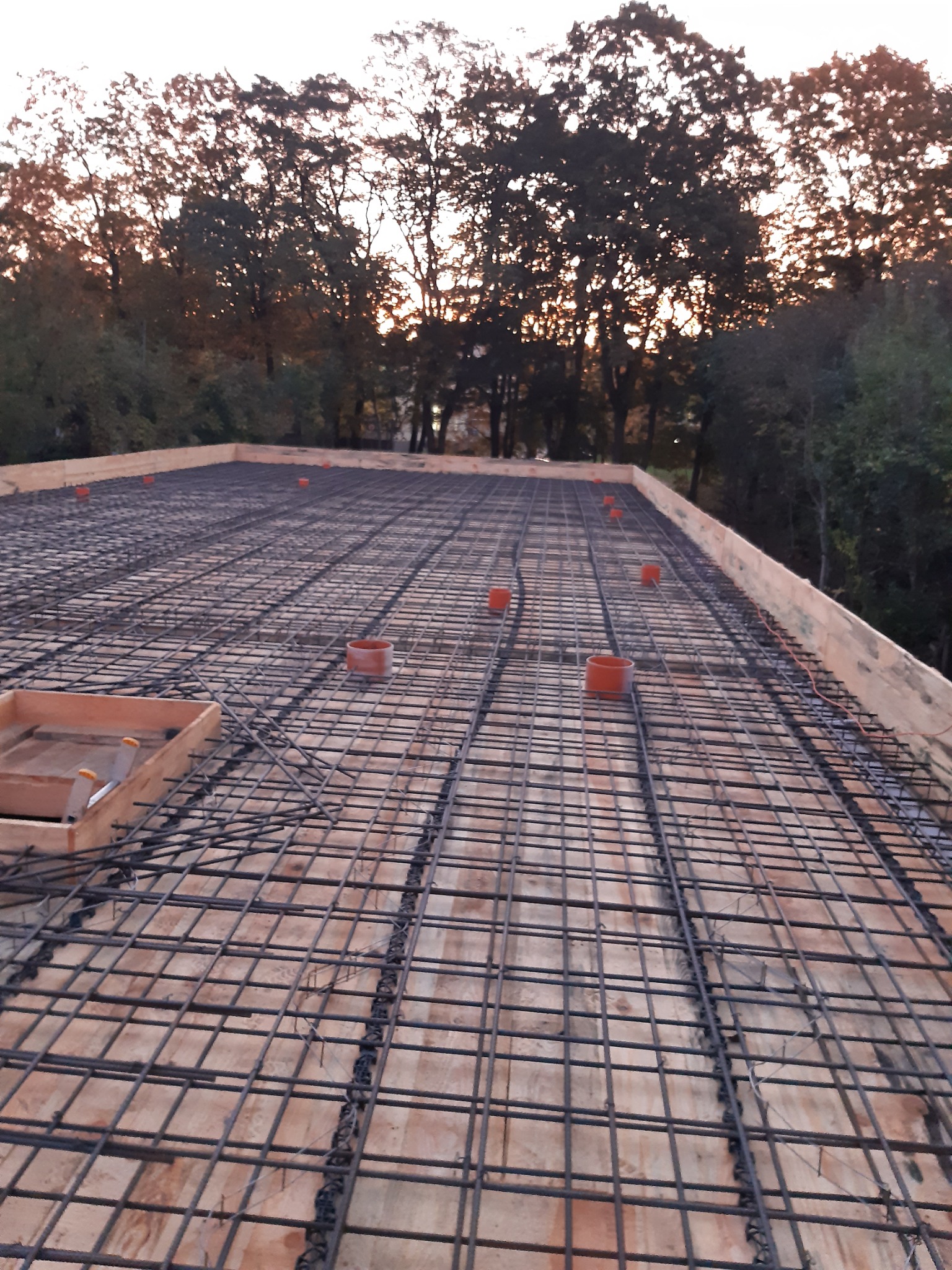 Zbrojenie płyty fundamentowej z widocznymi rurami kanalizacyjnymi, przygotowane do zalania betonem, na tle drzew o zmierzchu.