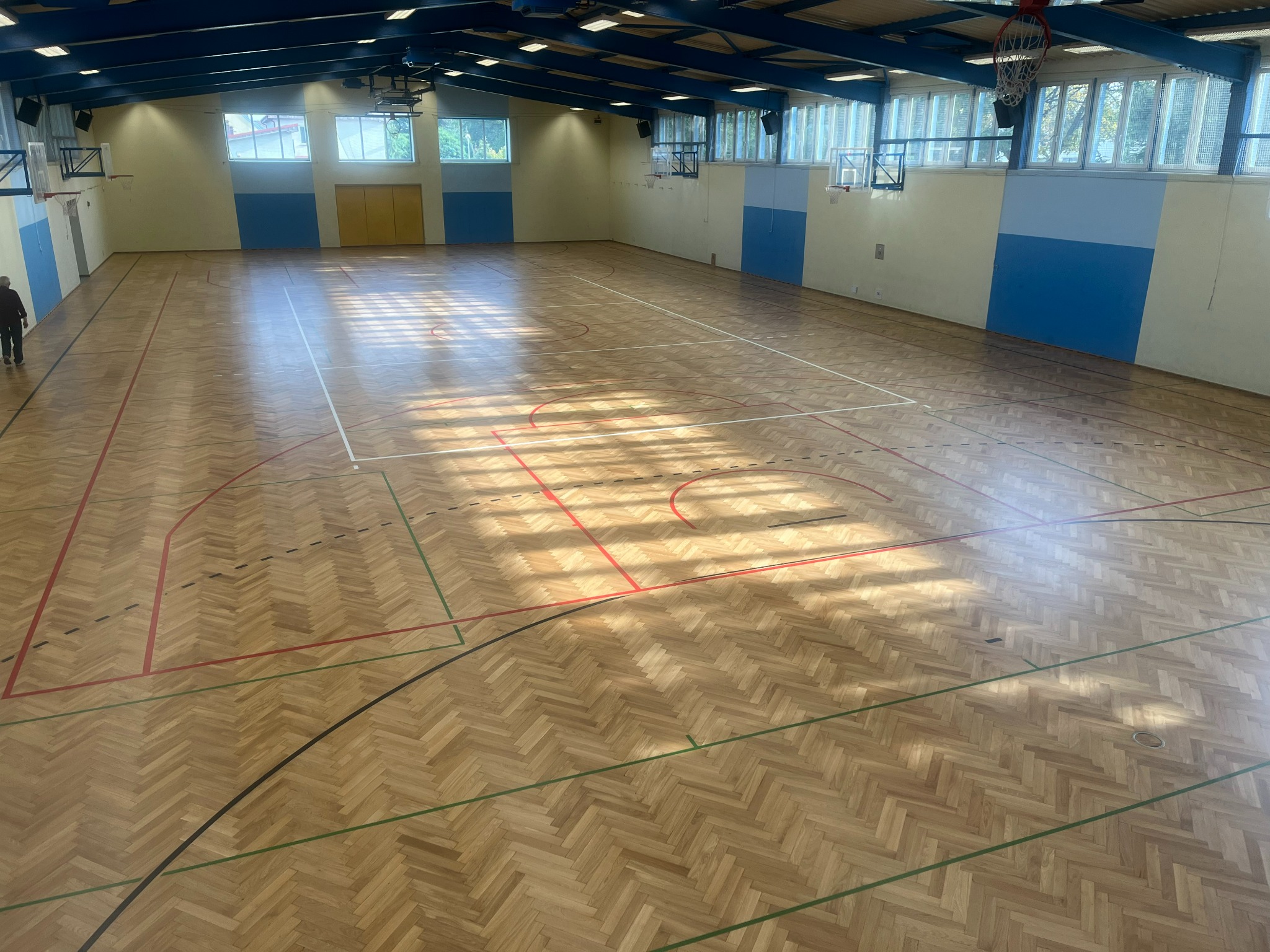 Sala gimnastyczna z parkietem ułożonym w jodełkę, widoczne linie boiska w kolorach czerwonym, zielonym i czarnym, oświetlona naturalnym światłem wpadającym przez okna.