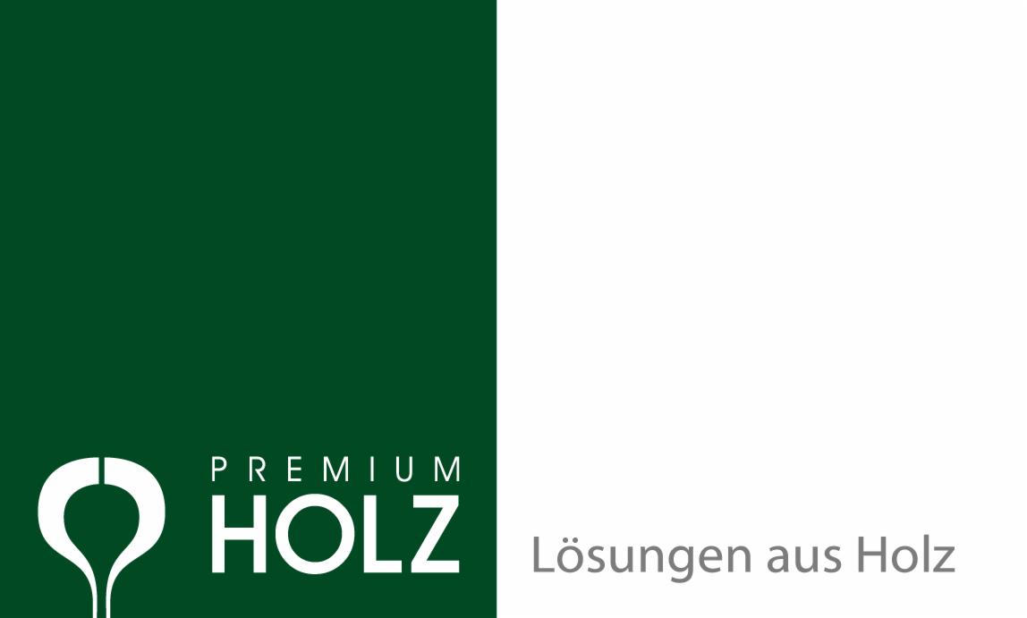 Logo firmy Premium Holz prezentujące rozwiązania drewniane, z zielonym tłem po lewej i białym po prawej stronie.
