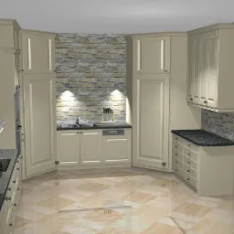 Wizualizacja projektu kuchni na wymiar z beżowymi szafkami, czarnymi blatami i ścianą z kamienia dekoracyjnego, podłoga z płytek imitujących parkiet.