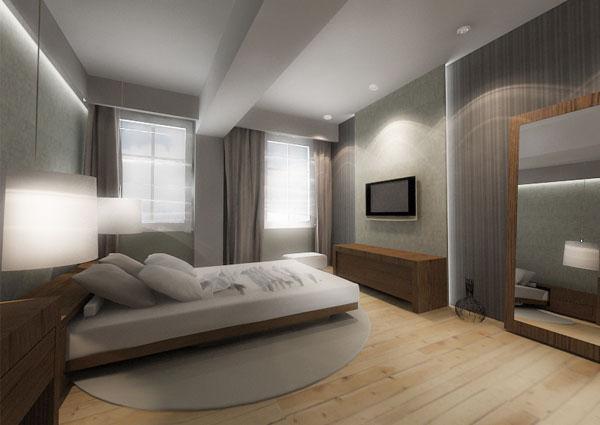 Nowoczesna sypialnia z drewnianą podłogą, minimalistycznym łóżkiem, szarymi zasłonami i dużym lustrem, oświetlona światłem dziennym i lampami nocnymi