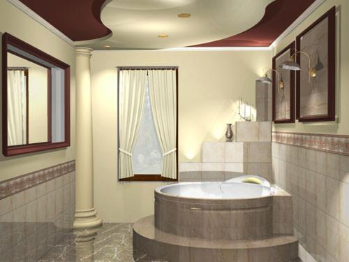 Elegancka łazienka z okrągłą wanną na podwyższeniu, kolumną dekoracyjną, lustrem w ciemnej ramie, kremowymi ścianami i marmurową podłogą.