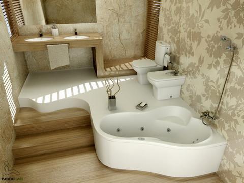 Nowoczesna łazienka z wanną jacuzzi, toaletą, bidetem i umywalką na drewnianym blacie, całość utrzymana w jasnej kolorystyce z motywem kwiatowym na ścianie.