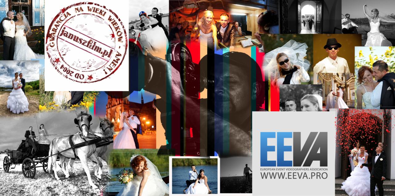 Mozaika zdjęć ślubnych i logo firmy z Białystoku, prezentująca pary młode w różnych ujęciach: w plenerze, w kościele, podczas jazdy bryczką, z elementami graficznymi i stemplem.