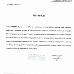 Skan dokumentu referencyjnego dla firmy Genderka Sp. z o.o. z Bydgoszczy, wystawionego 12.03.2013 r., potwierdzającego współpracę w sprzedaży styropianu.