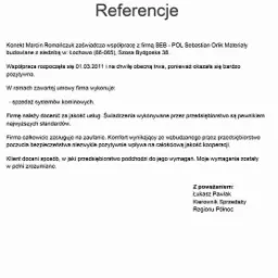 Skan dokumentu referencyjnego dla firmy SEB-POL Sebastian Orlik Materiały budowlane, potwierdzający współpracę od 2011 roku w sprzedaży systemów kominowych.