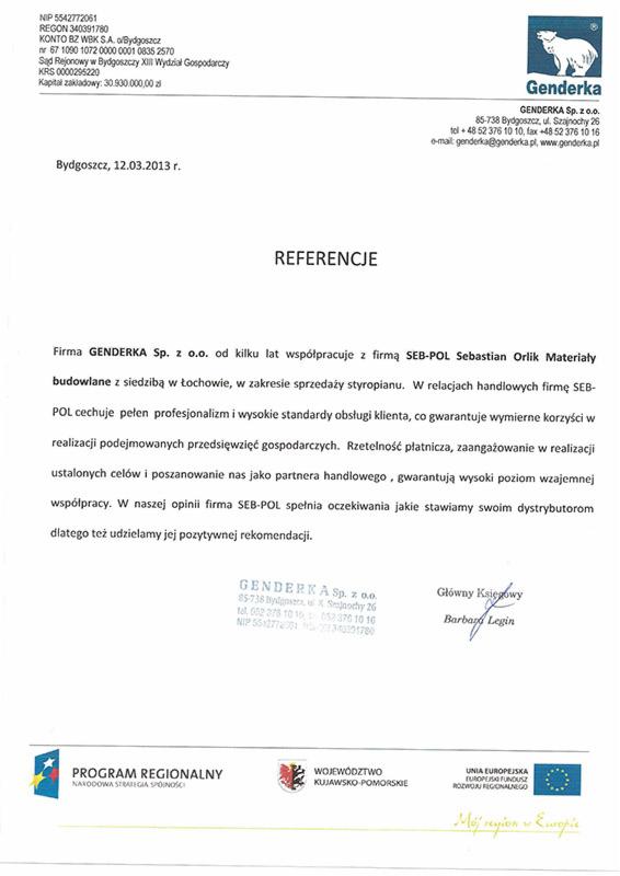 Skan dokumentu referencyjnego dla firmy Genderka Sp. z o.o. z Bydgoszczy, wystawionego 12.03.2013 r., potwierdzającego współpracę w sprzedaży styropianu.