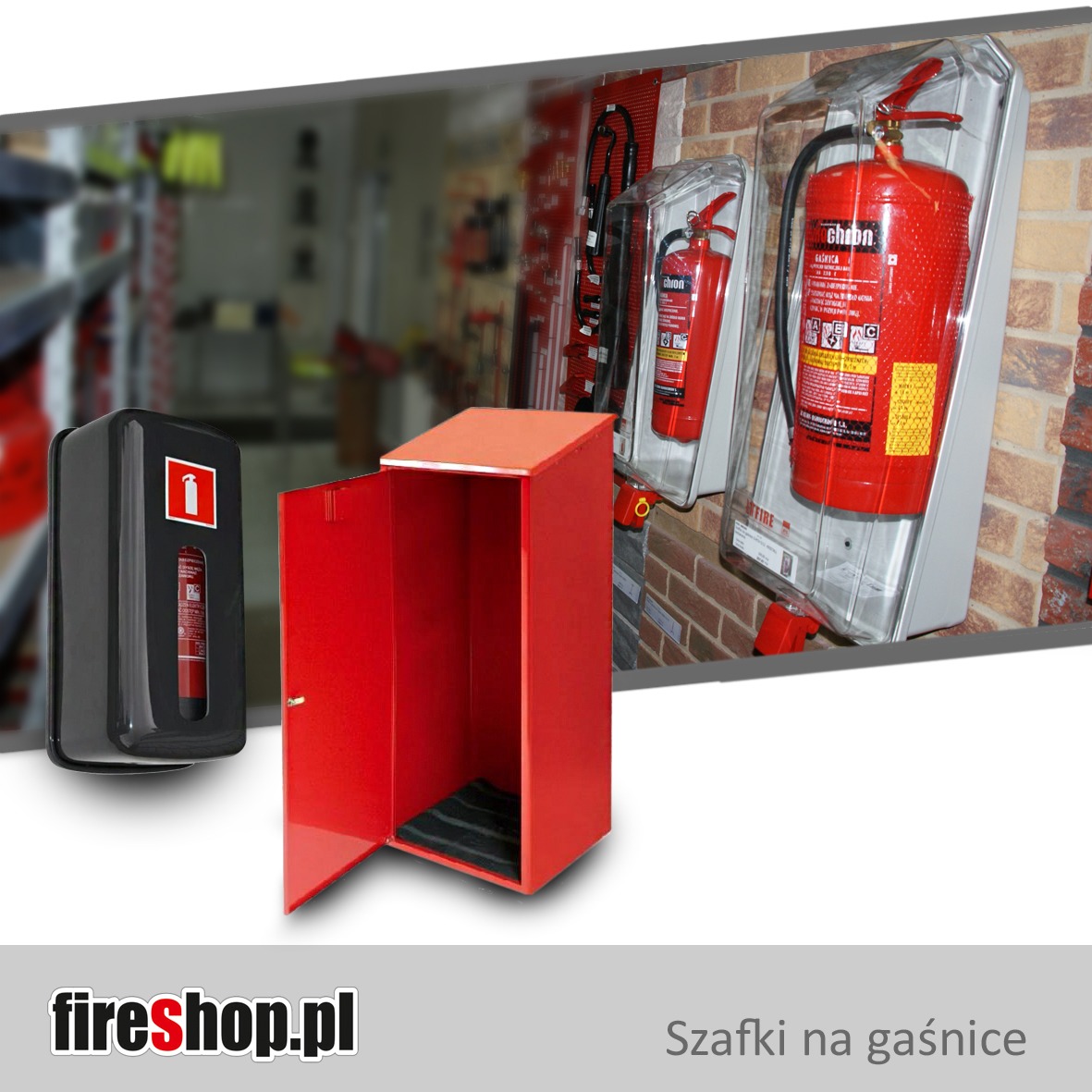 Szafki na gaśnice: czerwona szafka z otwartymi drzwiami, czarna szafka naścienna i gaśnice w przezroczystych obudowach. Widoczne logo fireshop.pl.