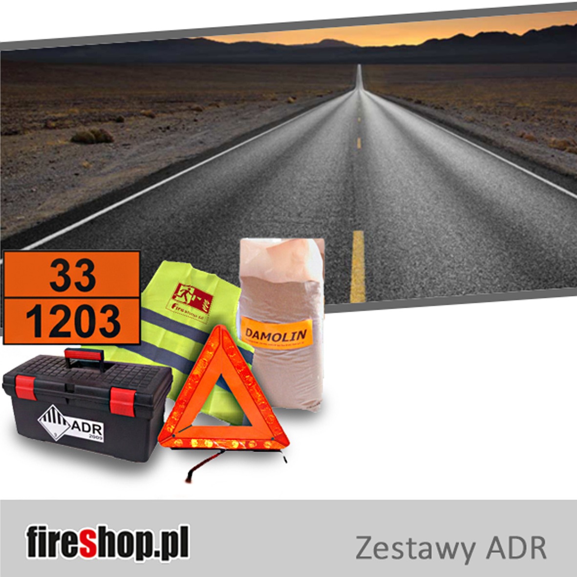Zestaw ADR: skrzynka, trójkąt ostrzegawczy, kamizelka odblaskowa i neutralizator Damolin na tle fotografii pustej drogi. fireshop.pl, Zestawy ADR.