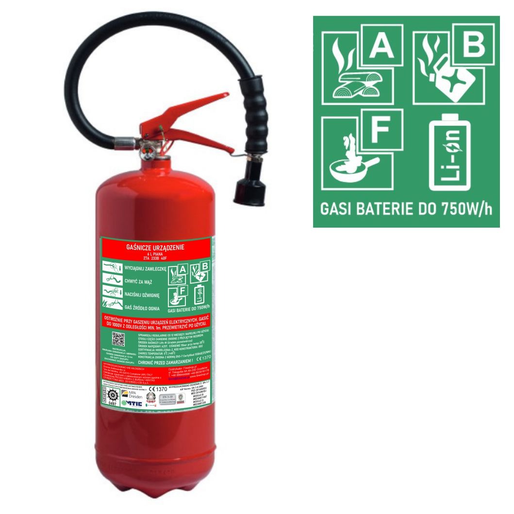 Gaśnica uniwersalna ABF + baterie, dogaszenia ciał płynnych stałych olejów i baterii.
