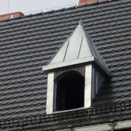 Dach pokryty łuską z blachy, z lukarną o metalowym wykończeniu i drewnianymi elementami, widok na komin w tle.