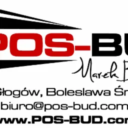 Logo firmy budowlanej POS-BUD Marek Banaszkiewicz z Głogowa, prezentujące stylizowany budynek i dane kontaktowe.