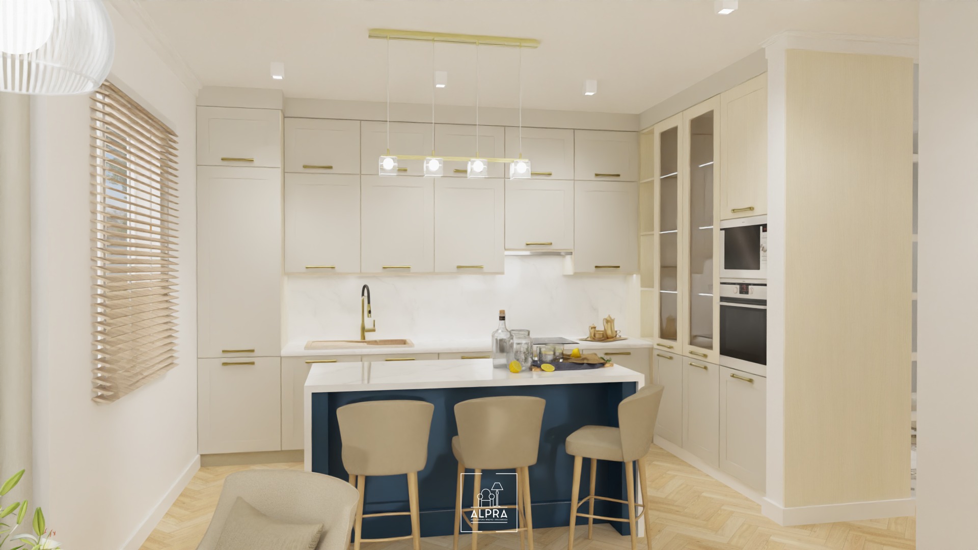 Wizualizacja nowoczesnej kuchni z biało-beżowymi szafkami, złotymi uchwytami, niebieską wyspą z hokerami i drewnianą podłogą w jodełkę, oświetloną lampą wiszącą.